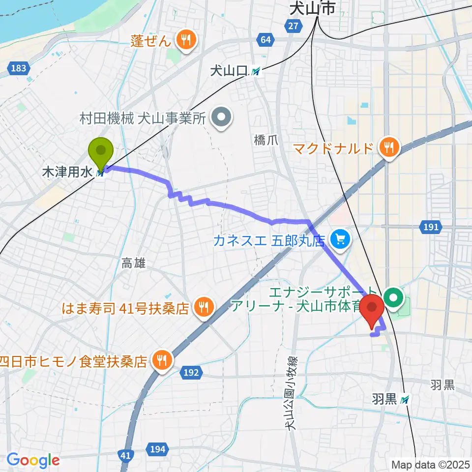 木津用水駅から犬山市民文化会館へのルートマップ地図