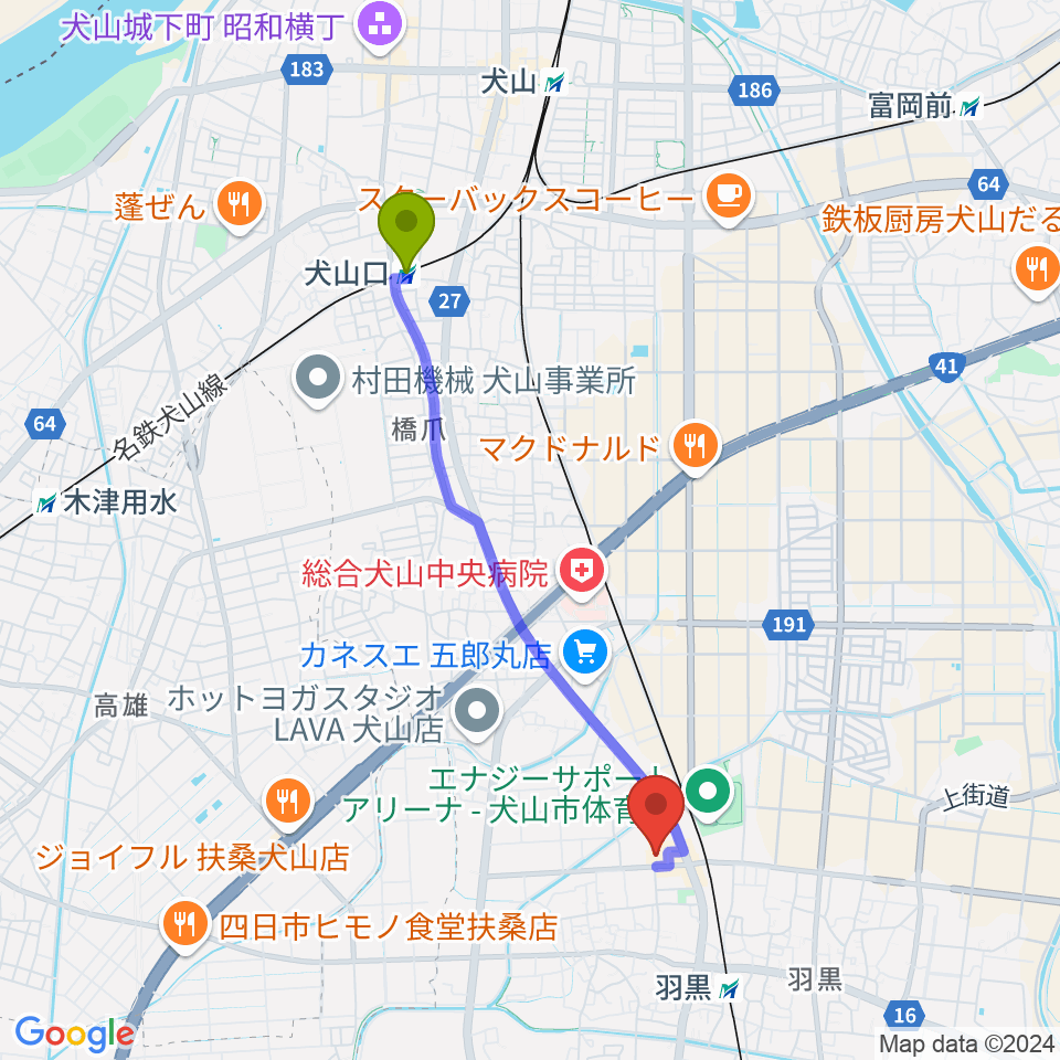 犬山口駅から犬山市民文化会館へのルートマップ地図