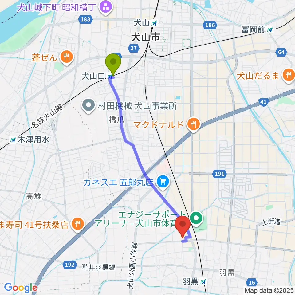 犬山口駅から犬山市民文化会館へのルートマップ地図
