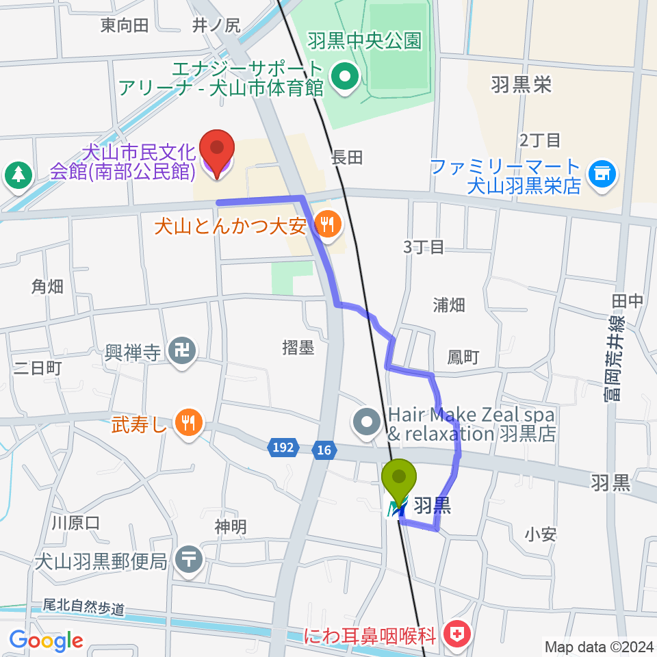 犬山市民文化会館の最寄駅羽黒駅からの徒歩ルート（約9分）地図