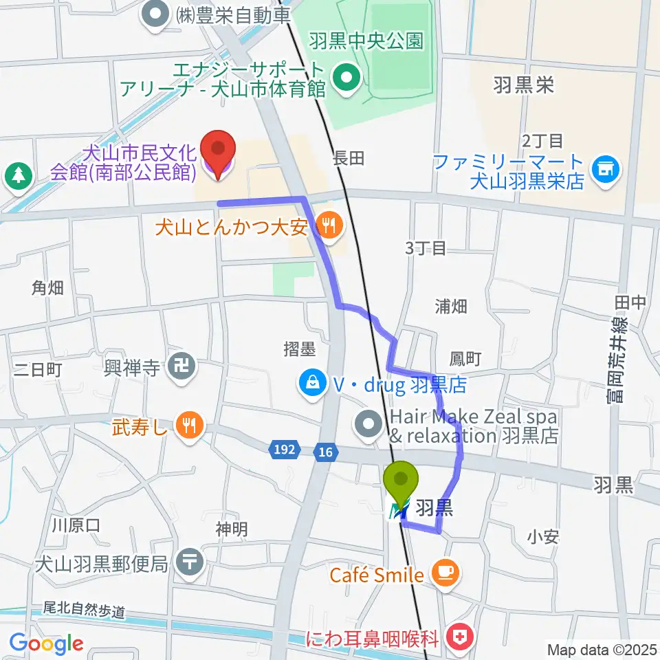 犬山市民文化会館の最寄駅羽黒駅からの徒歩ルート（約9分）地図