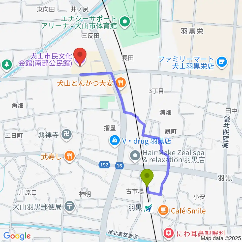 犬山市民文化会館の最寄駅羽黒駅からの徒歩ルート（約9分）地図