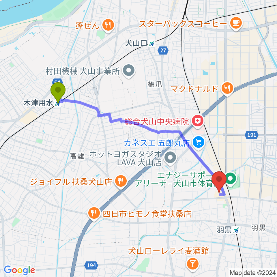 木津用水駅から犬山市南部公民館へのルートマップ地図