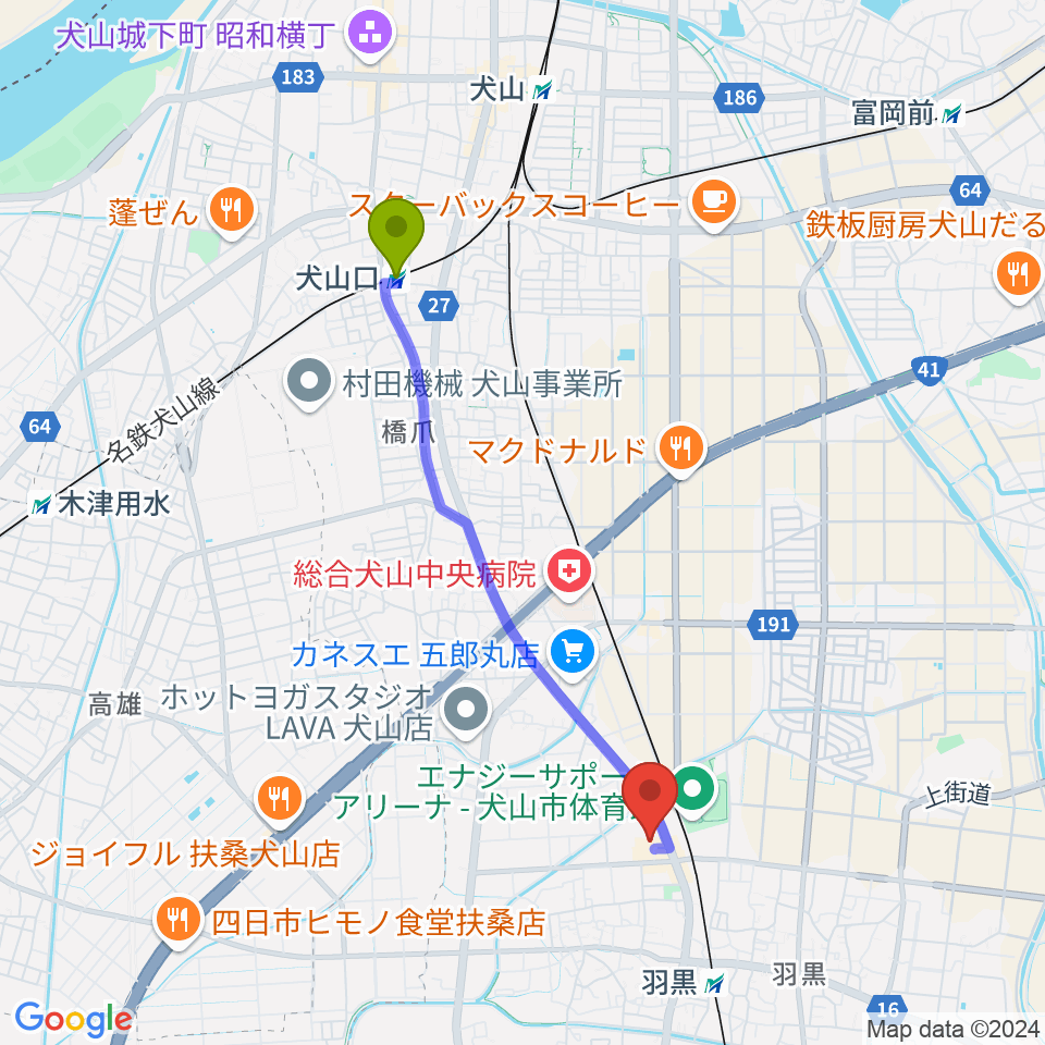 犬山口駅から犬山市南部公民館へのルートマップ地図