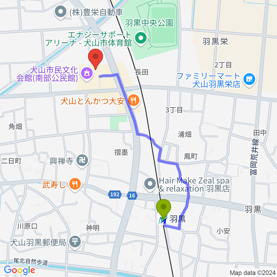 犬山市南部公民館の最寄駅羽黒駅からの徒歩ルート（約9分）地図