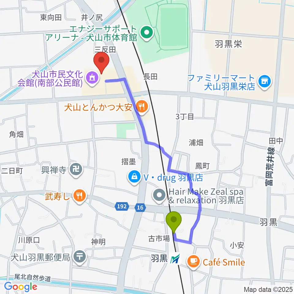 犬山市南部公民館の最寄駅羽黒駅からの徒歩ルート（約9分）地図