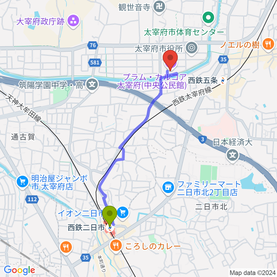 西鉄二日市駅からプラム・カルコア太宰府へのルートマップ地図