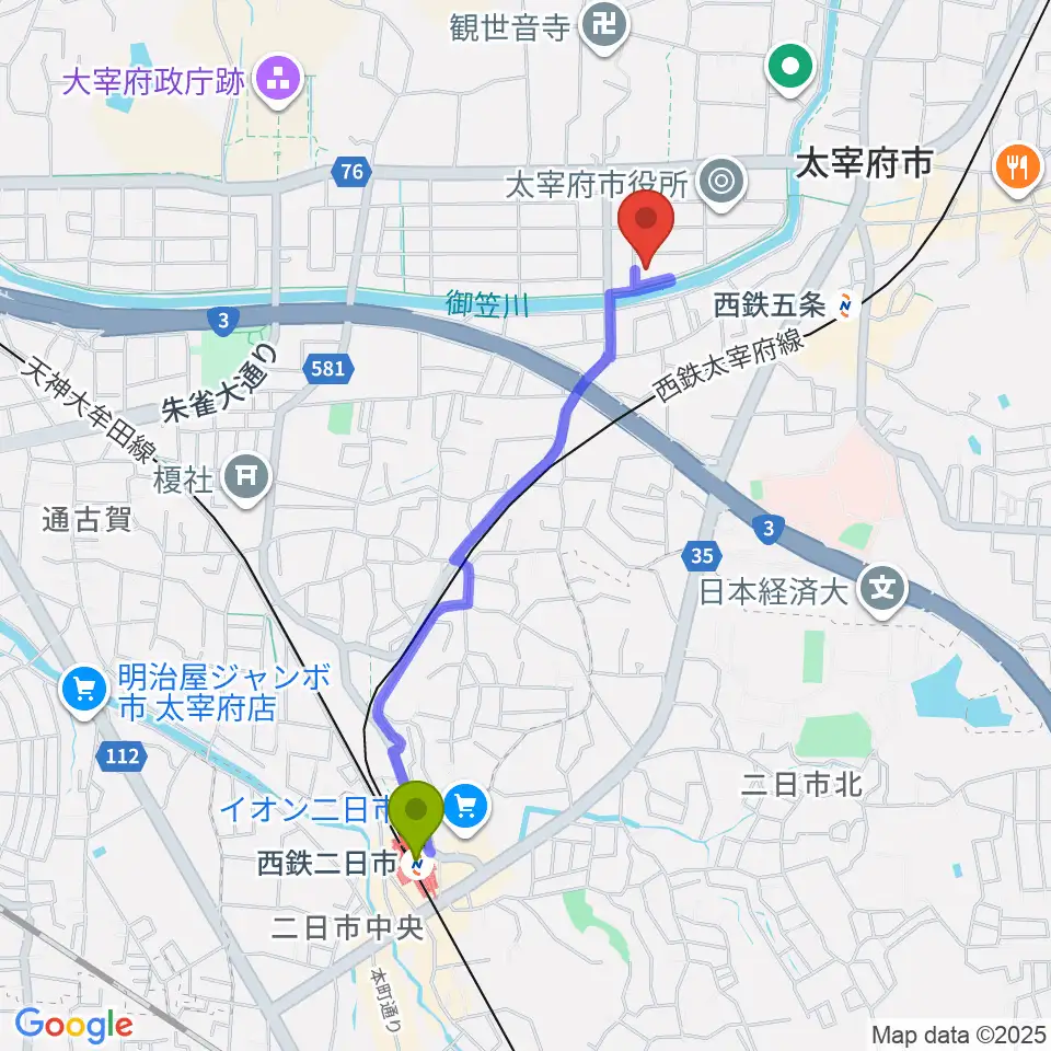 西鉄二日市駅からプラム・カルコア太宰府へのルートマップ地図