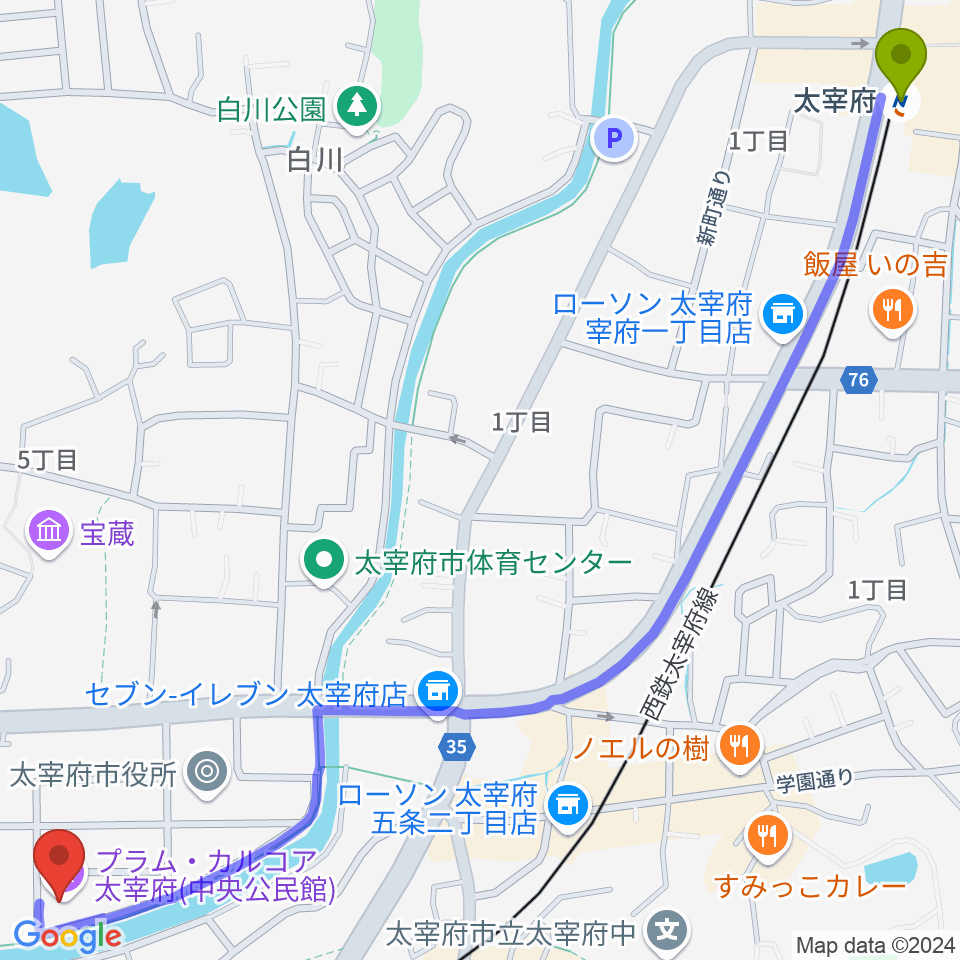 太宰府駅からプラム・カルコア太宰府へのルートマップ地図