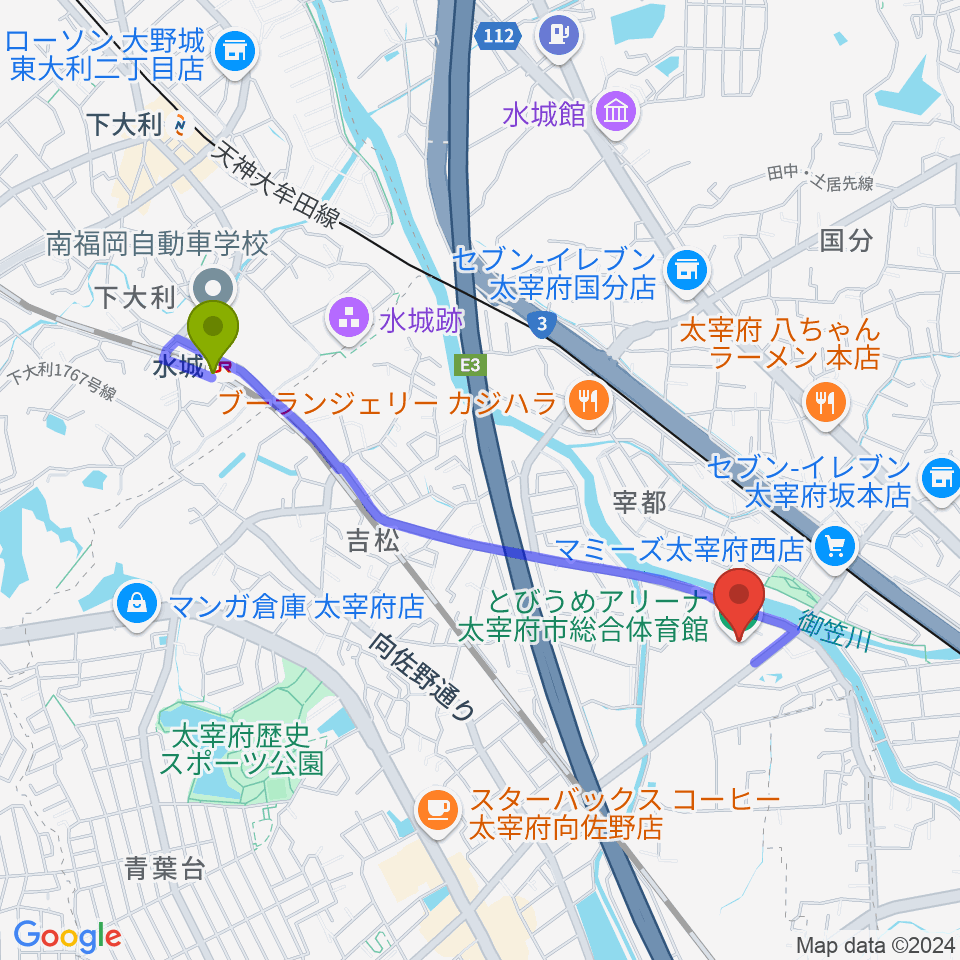 水城駅からとびうめアリーナ 太宰府市総合体育館へのルートマップ地図