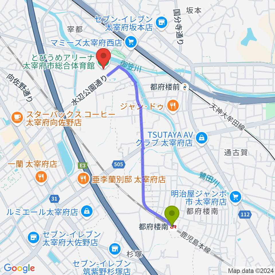 都府楼南駅からとびうめアリーナ 太宰府市総合体育館へのルートマップ地図