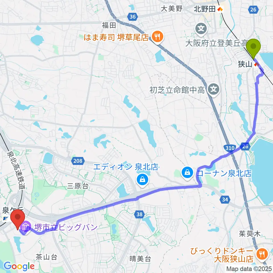 狭山駅からビッグ・アイ 国際障害者交流センターへのルートマップ地図