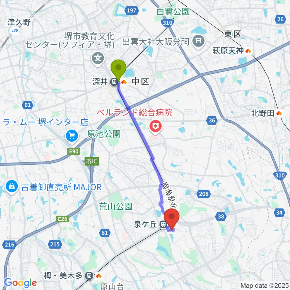 深井駅からビッグ・アイ 国際障害者交流センターへのルートマップ地図
