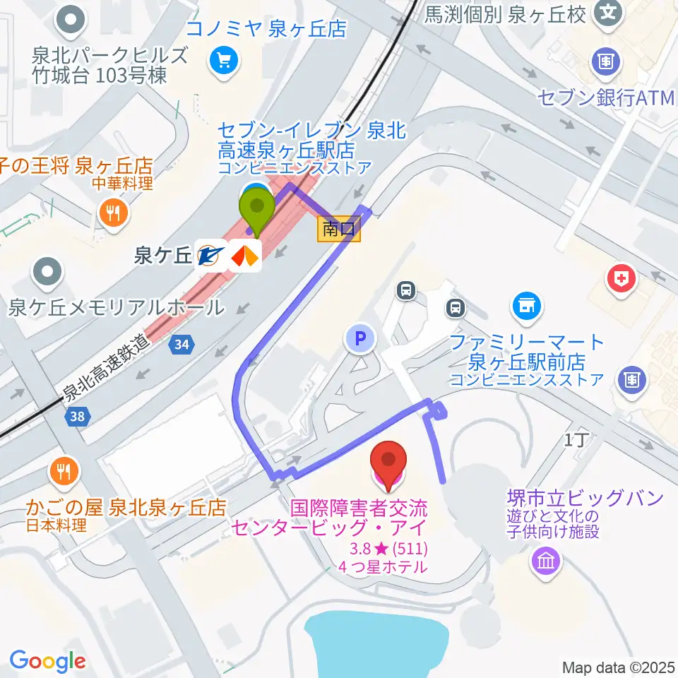 ビッグ・アイ 国際障害者交流センターの最寄駅泉ヶ丘駅からの徒歩ルート（約3分）地図