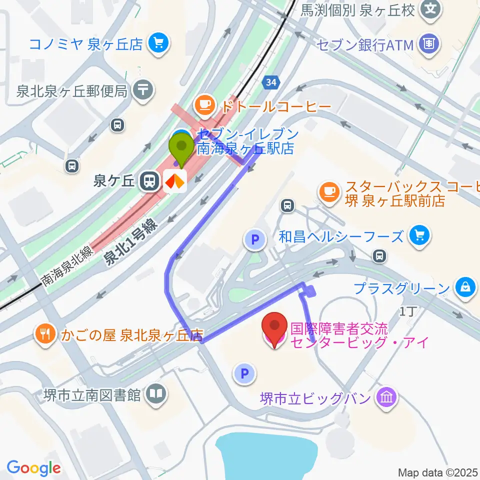 ビッグ・アイ 国際障害者交流センターの最寄駅泉ヶ丘駅からの徒歩ルート（約3分）地図