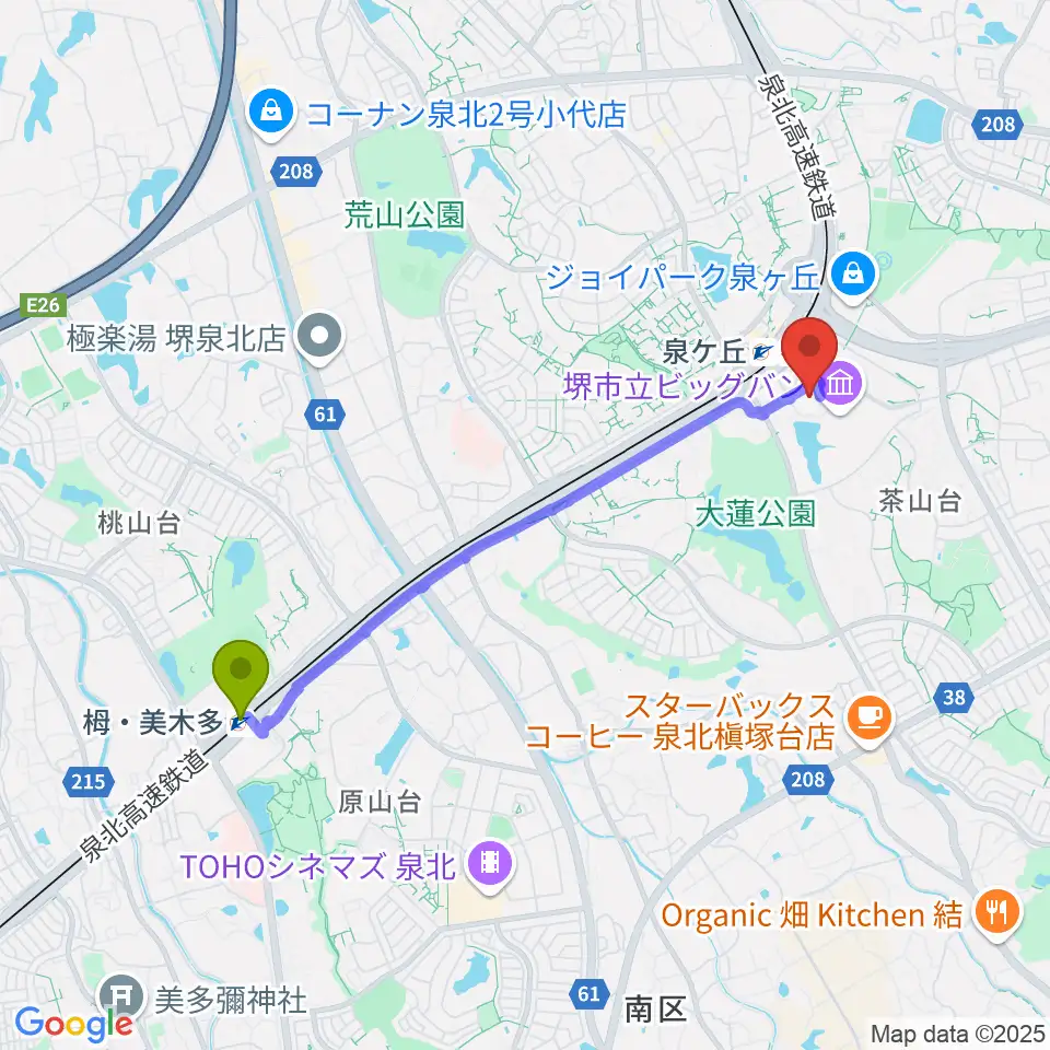 栂・美木多駅からビッグ・アイ 国際障害者交流センターへのルートマップ地図