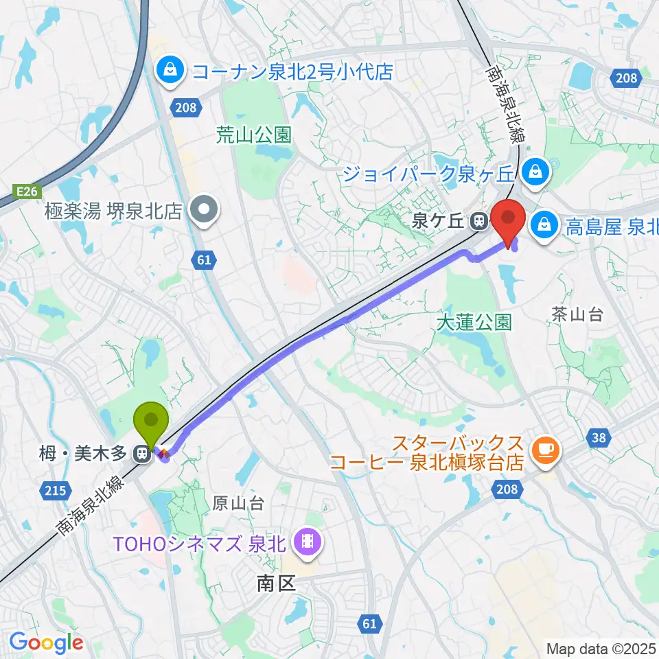 栂・美木多駅からビッグ・アイ 国際障害者交流センターへのルートマップ地図