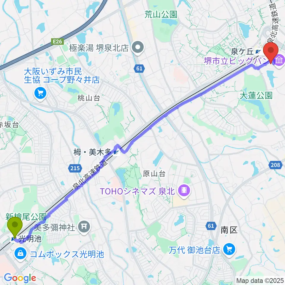光明池駅からビッグ・アイ 国際障害者交流センターへのルートマップ地図