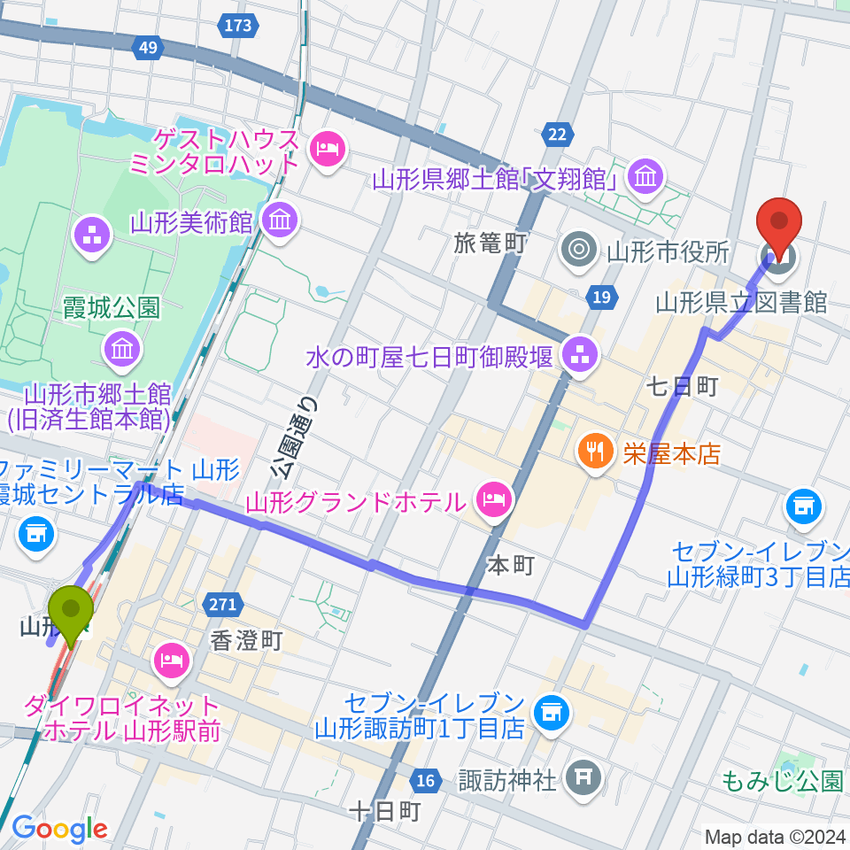 山形駅から山形県生涯学習センター遊学館へのルートマップ地図