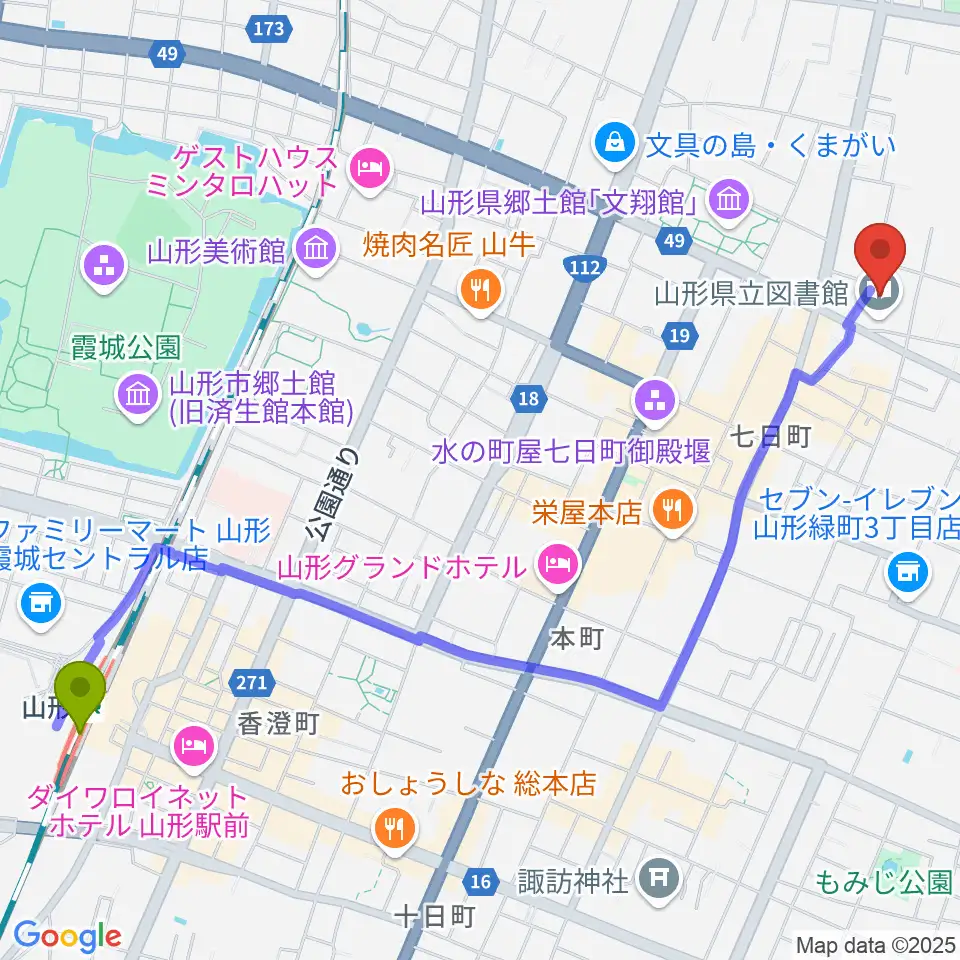 山形駅から山形県生涯学習センター遊学館へのルートマップ地図