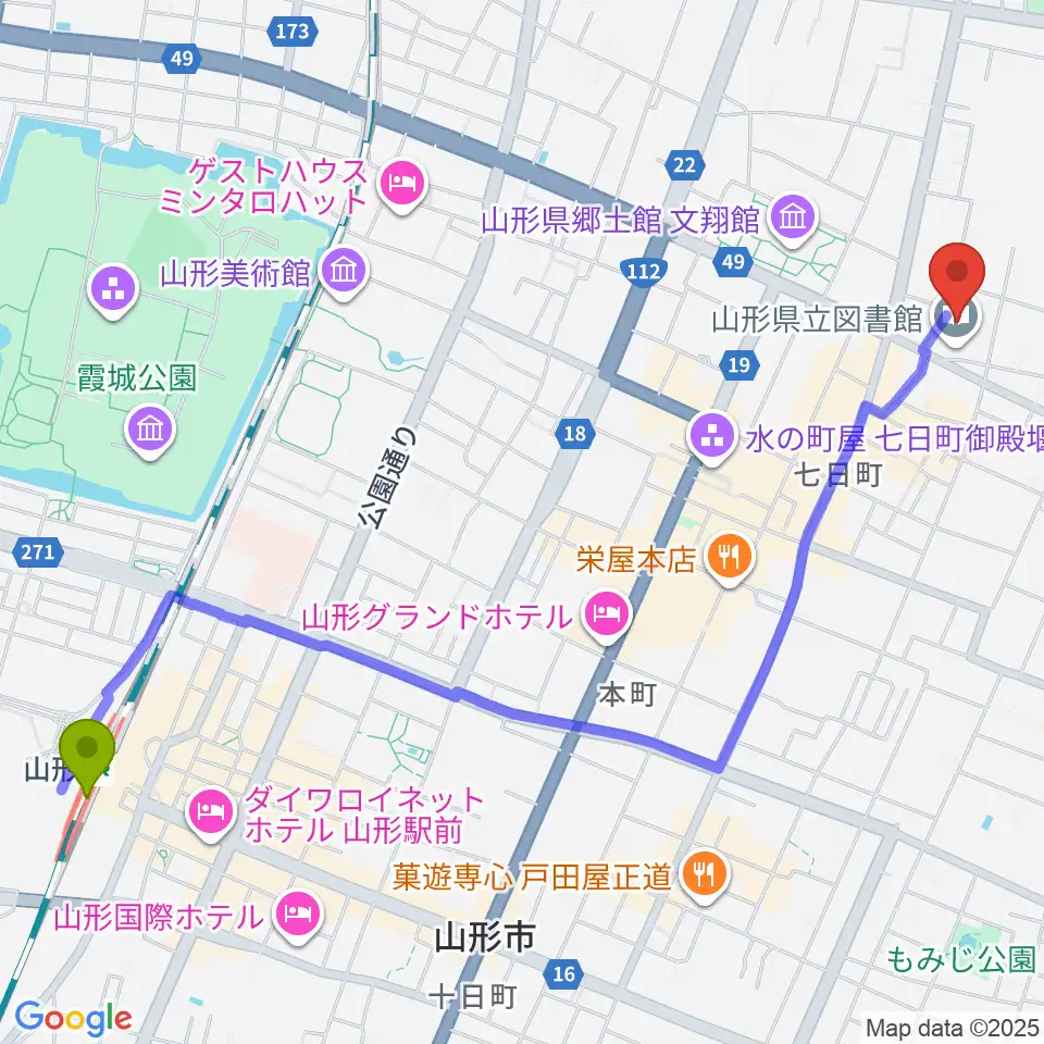 山形駅から山形県生涯学習センター遊学館へのルートマップ地図
