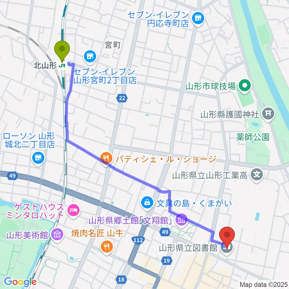 山形県生涯学習センター遊学館の最寄駅北山形駅からの徒歩ルート（約26分）地図