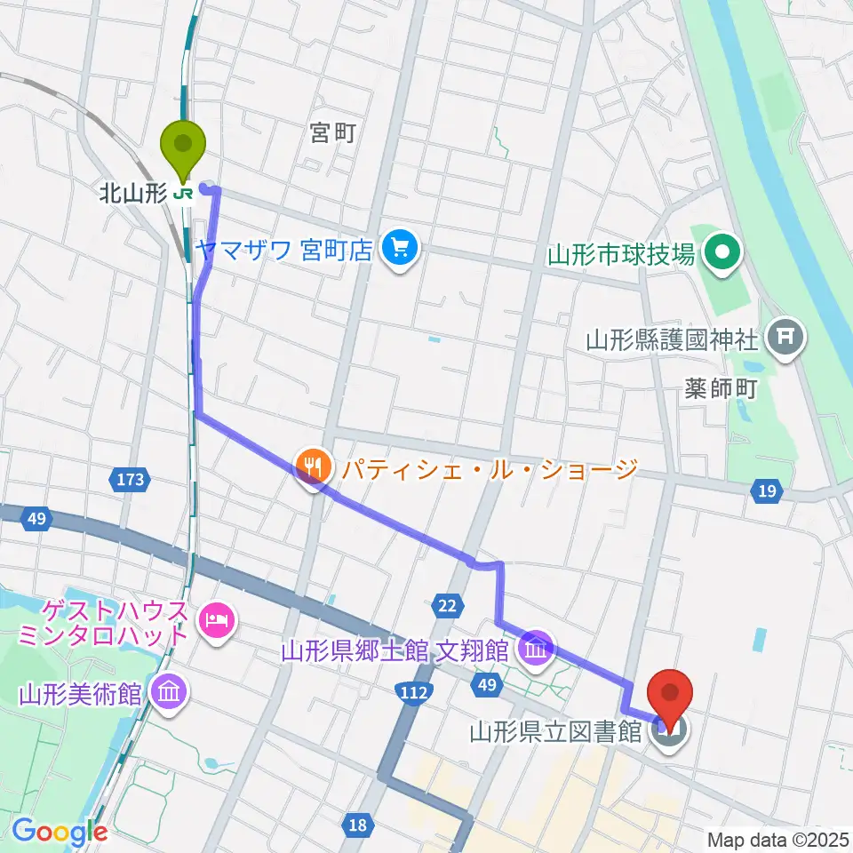 山形県生涯学習センター遊学館の最寄駅北山形駅からの徒歩ルート（約26分）地図