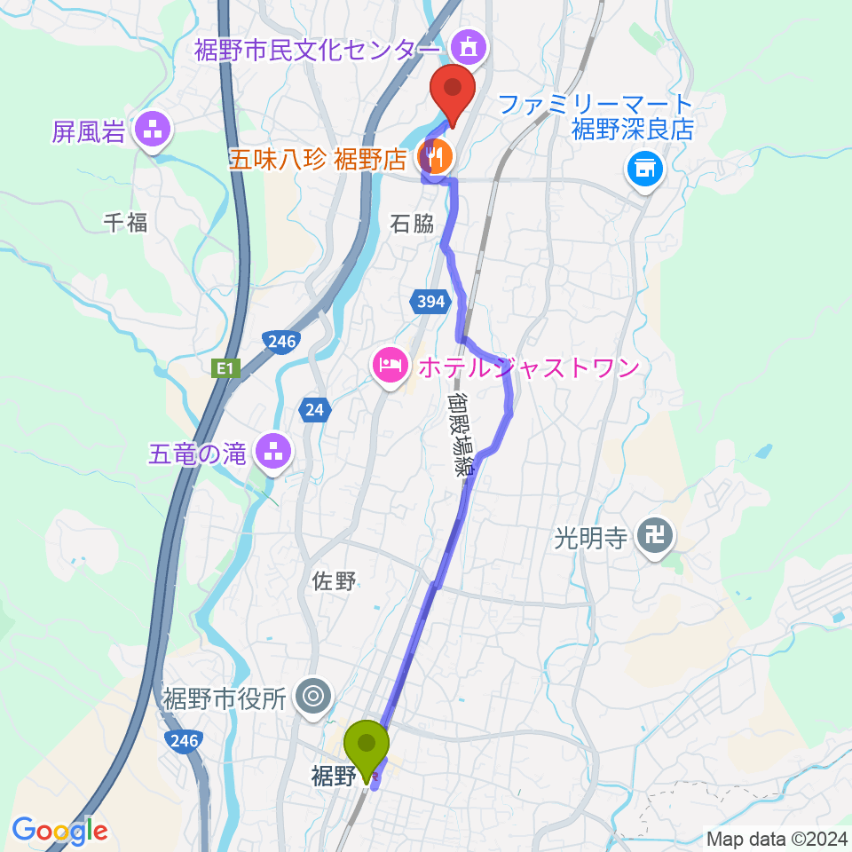 裾野駅から裾野市生涯学習センター ゆうあいプラザへのルートマップ地図