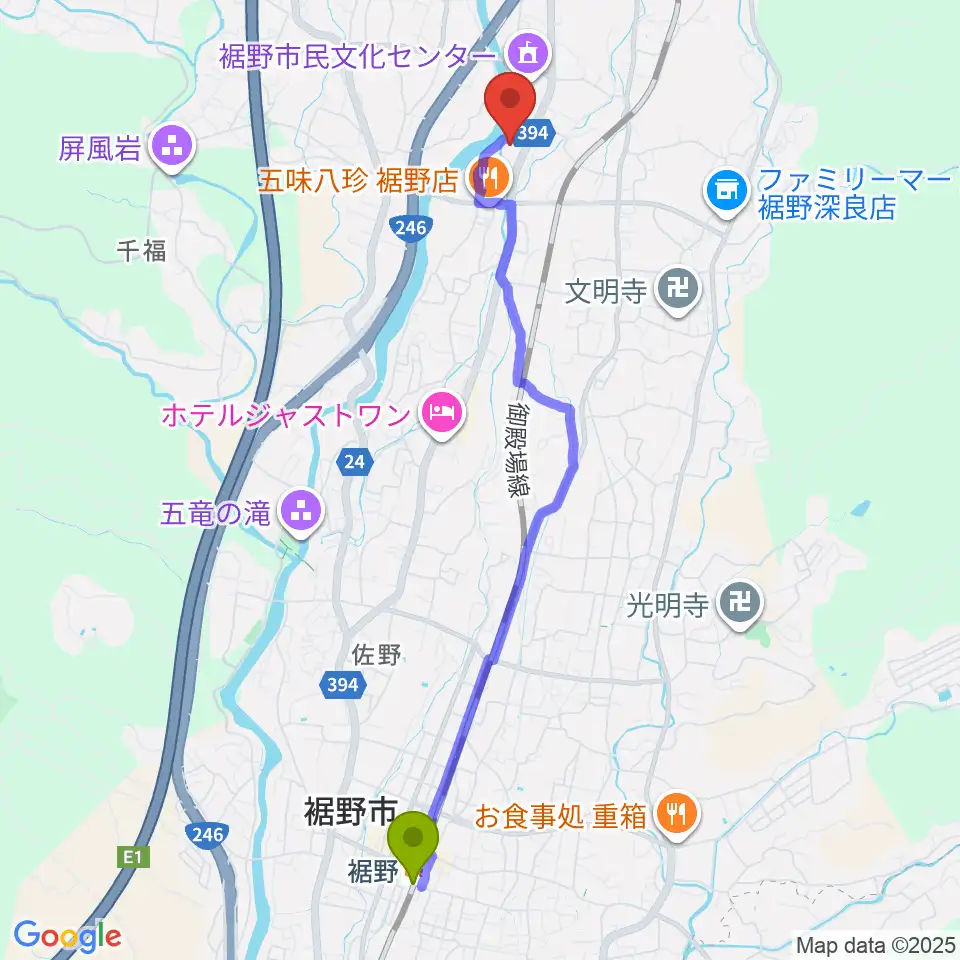 裾野駅から裾野市生涯学習センター ゆうあいプラザへのルートマップ地図