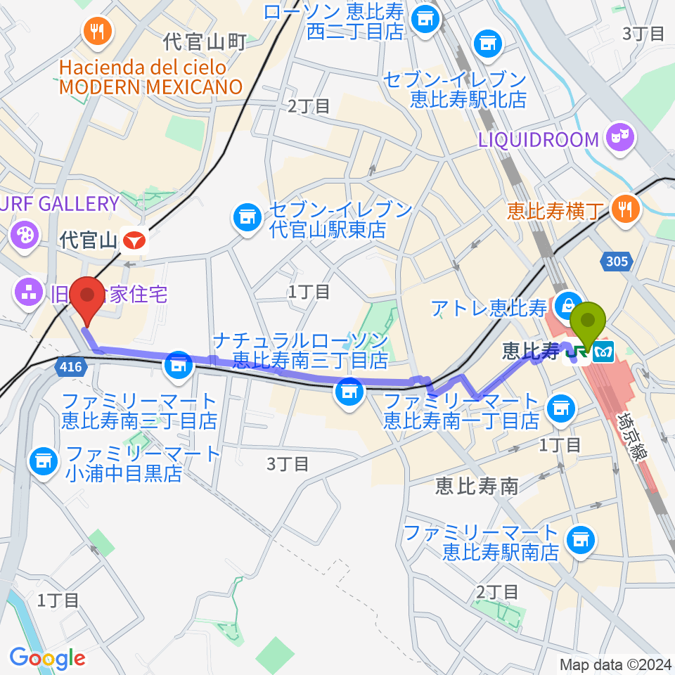 恵比寿駅から代官山B1FLATへのルートマップ地図