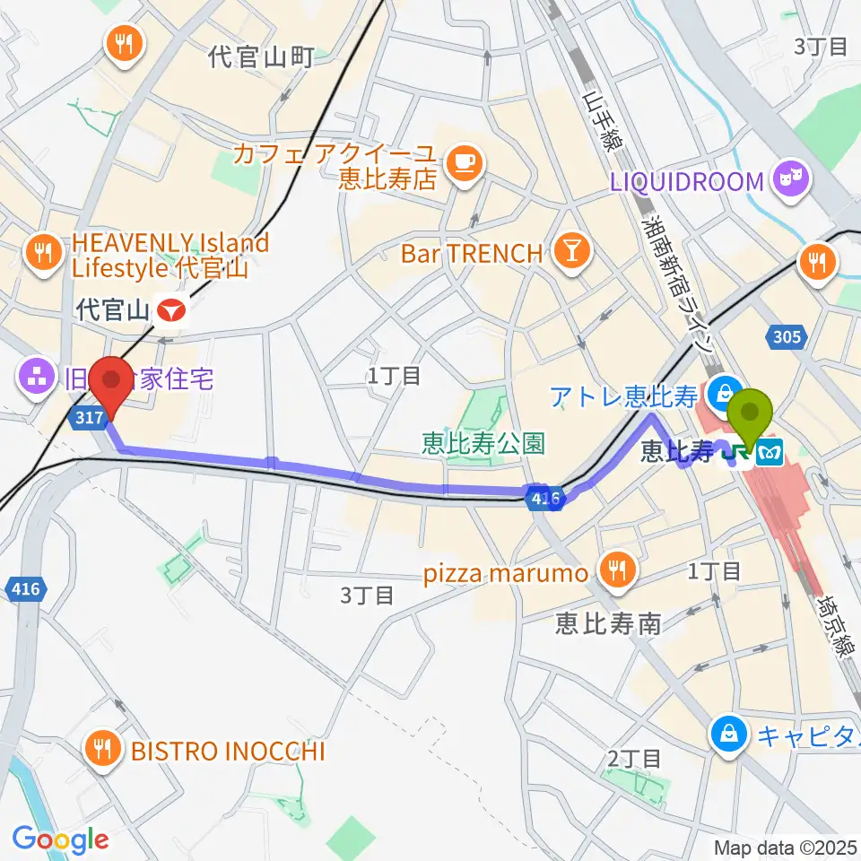 恵比寿駅から代官山B1FLATへのルートマップ地図