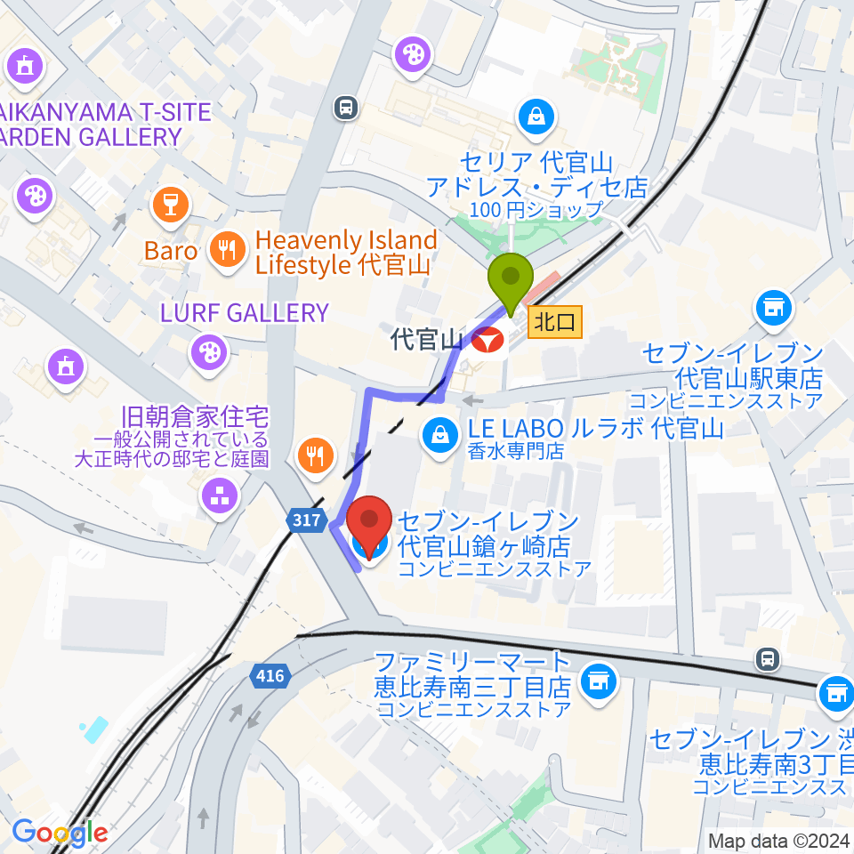 代官山B1FLATの最寄駅代官山駅からの徒歩ルート（約3分）地図