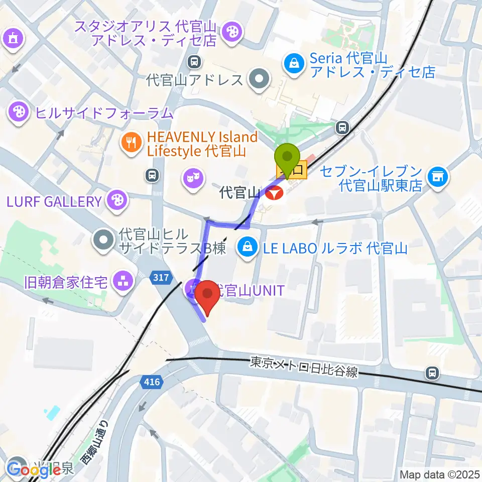 代官山B1FLATの最寄駅代官山駅からの徒歩ルート（約3分）地図