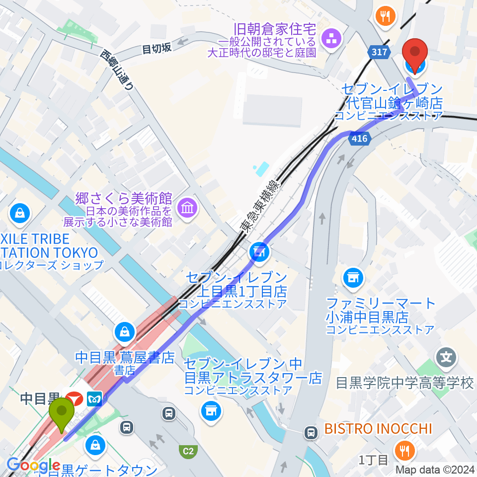 中目黒駅から代官山B1FLATへのルートマップ地図