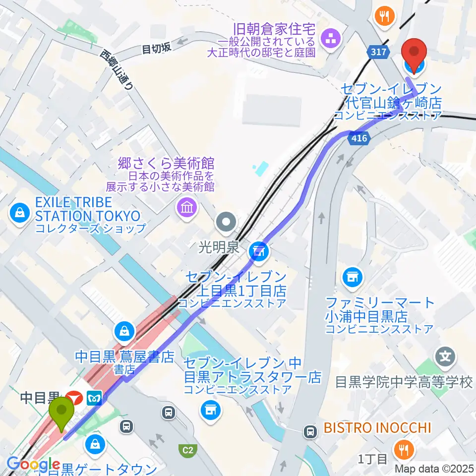 中目黒駅から代官山B1FLATへのルートマップ地図