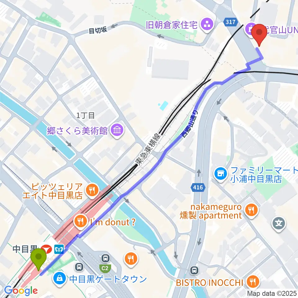 中目黒駅から代官山B1FLATへのルートマップ地図