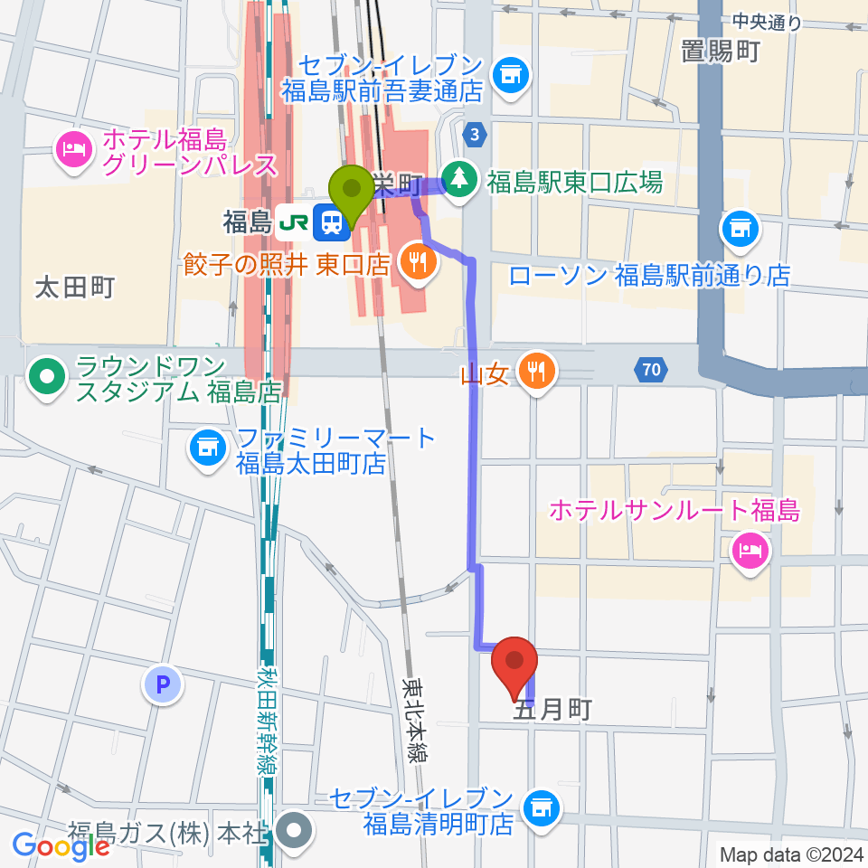 株式会社あきたや 音楽教室の最寄駅福島駅からの徒歩ルート（約9分）地図