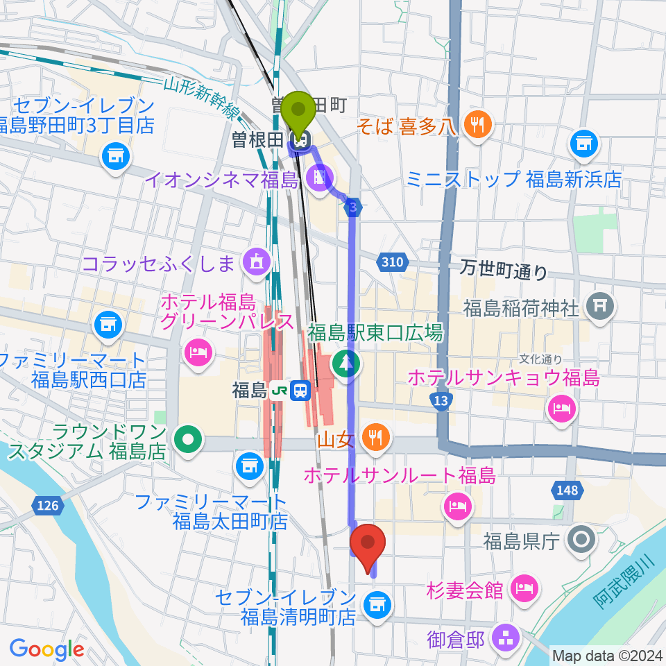 曽根田駅から株式会社あきたや 音楽教室へのルートマップ地図