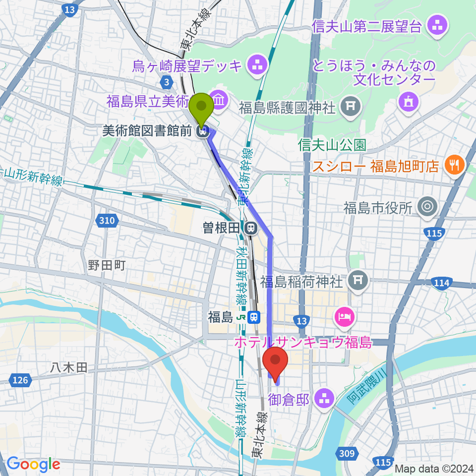 美術館図書館前駅から株式会社あきたや 音楽教室へのルートマップ地図