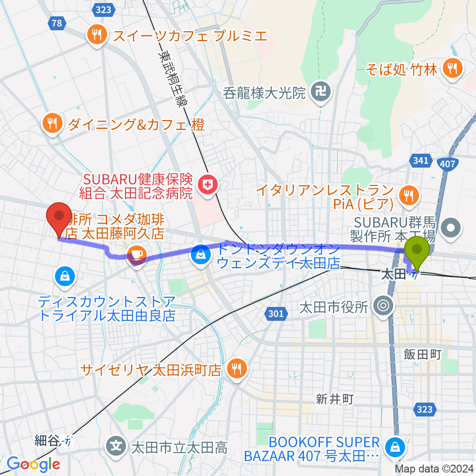 太田駅から早乙女ギター教室へのルートマップ地図