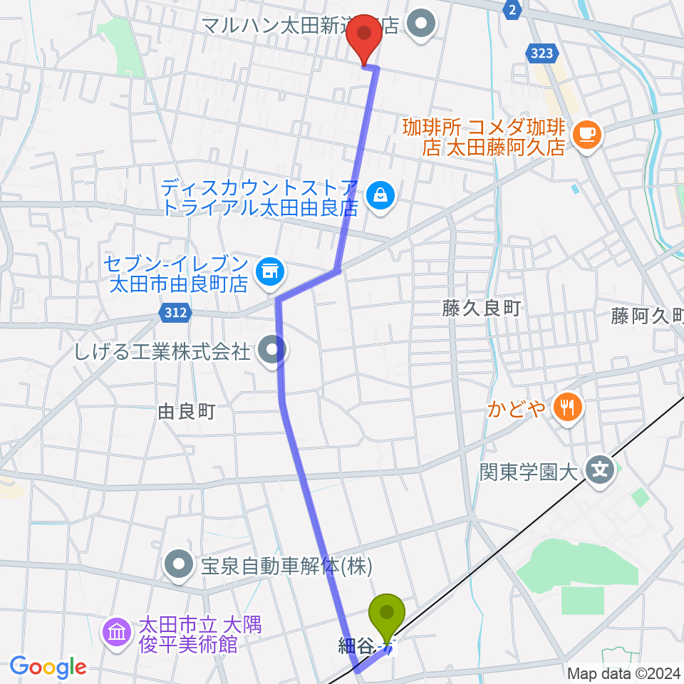 早乙女ギター教室の最寄駅細谷駅からの徒歩ルート（約26分）地図