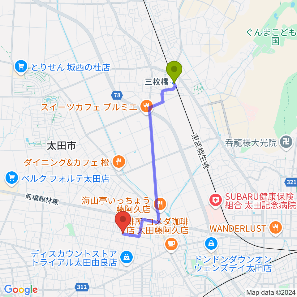 三枚橋駅から早乙女ギター教室へのルートマップ地図