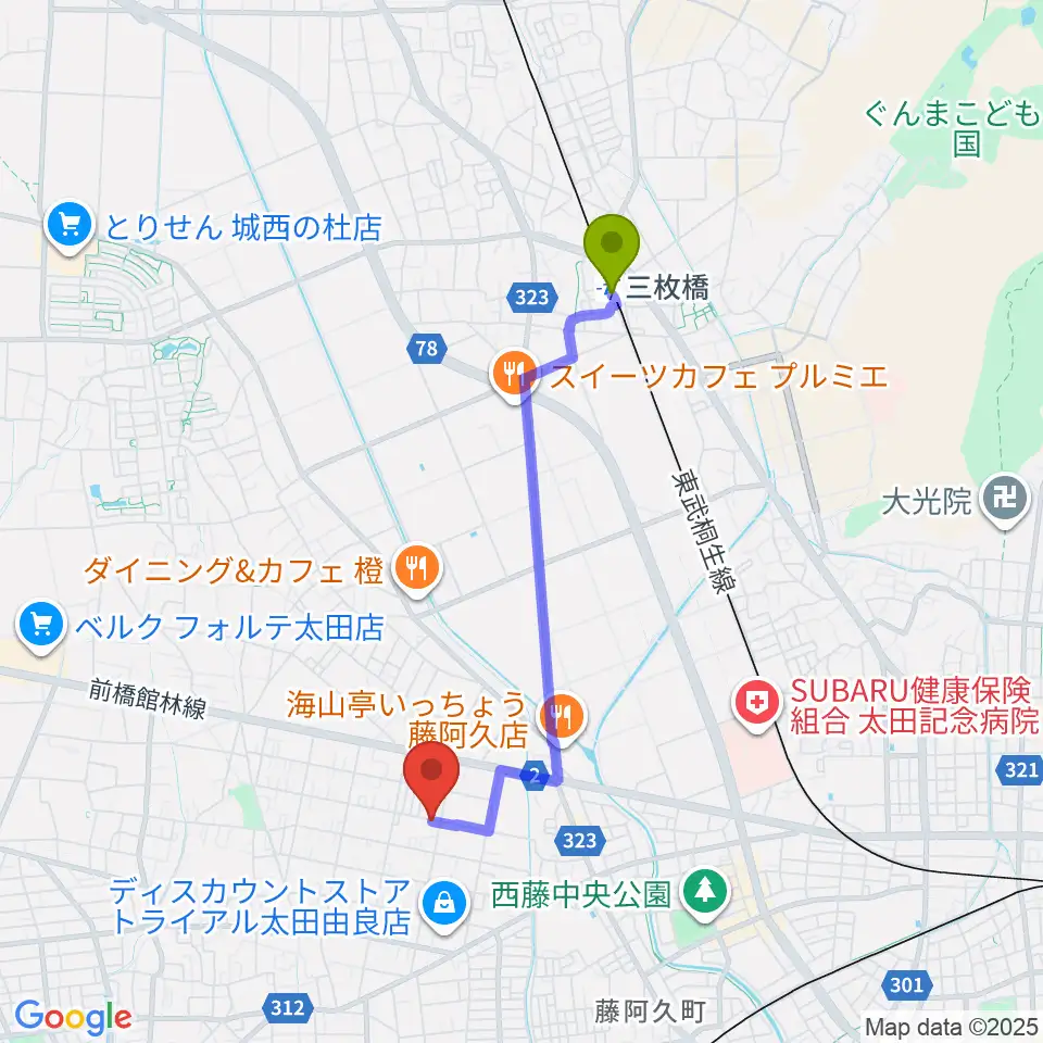 三枚橋駅から早乙女ギター教室へのルートマップ地図