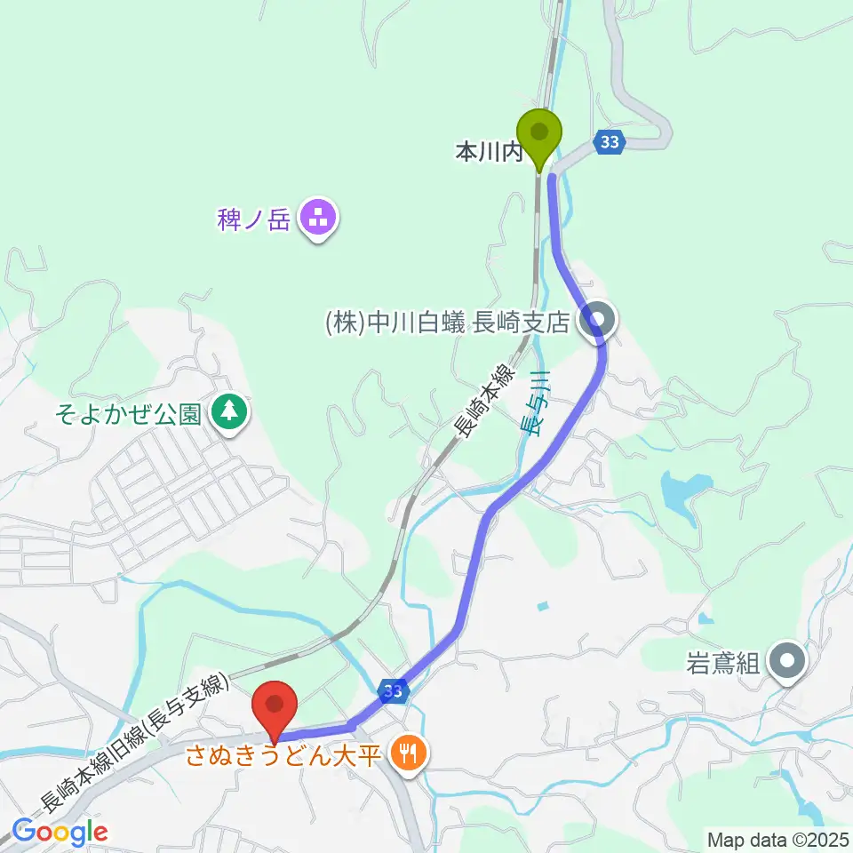 本川内駅からN's Guitar Garageへのルートマップ地図