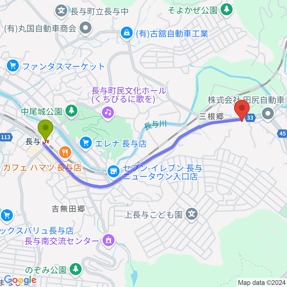 N's Guitar Garageの最寄駅長与駅からの徒歩ルート（約22分）地図