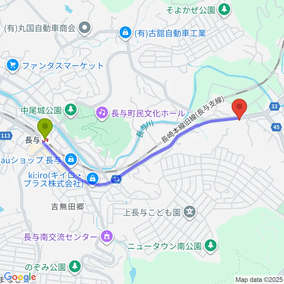 N's Guitar Garageの最寄駅長与駅からの徒歩ルート（約22分）地図