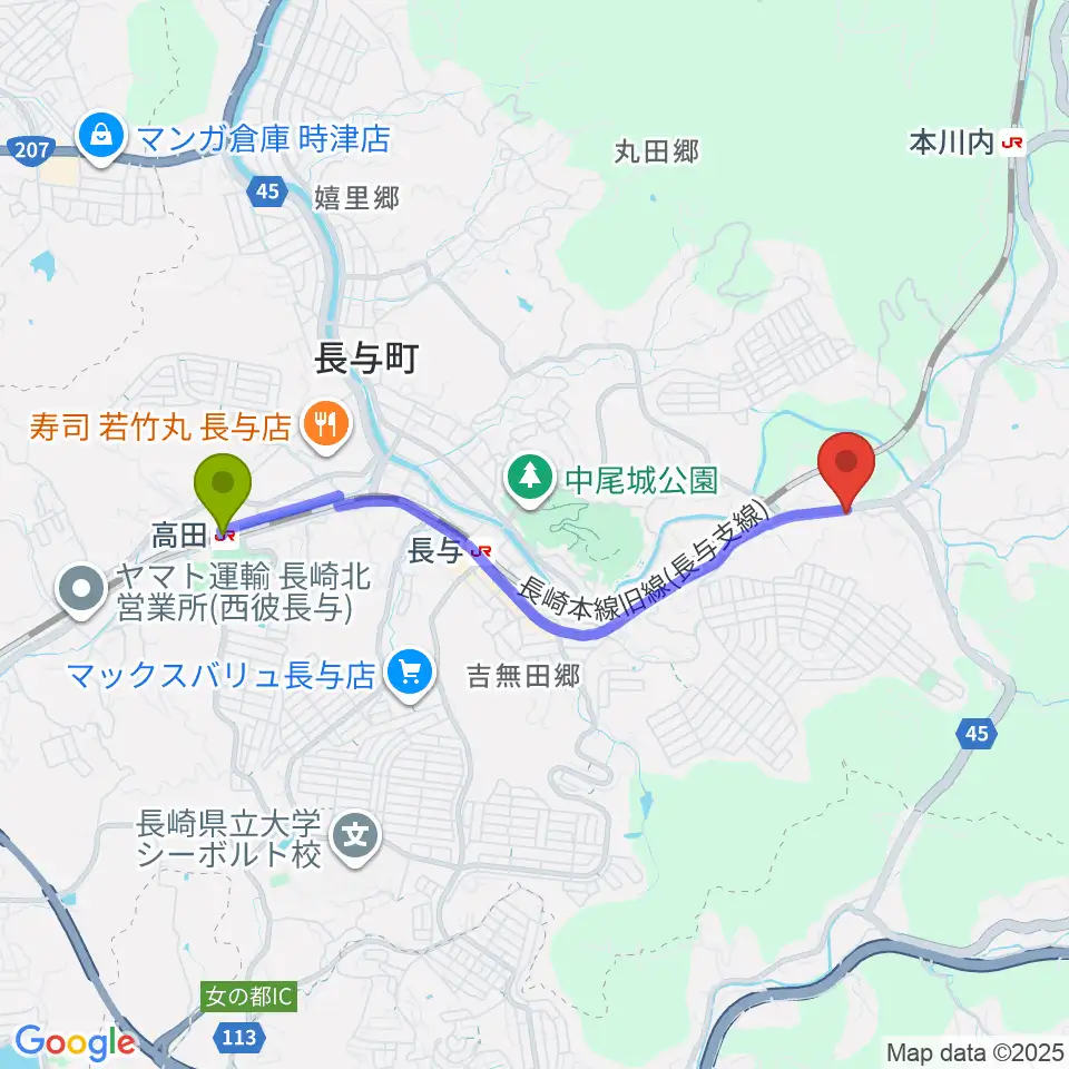 高田駅からN's Guitar Garageへのルートマップ地図