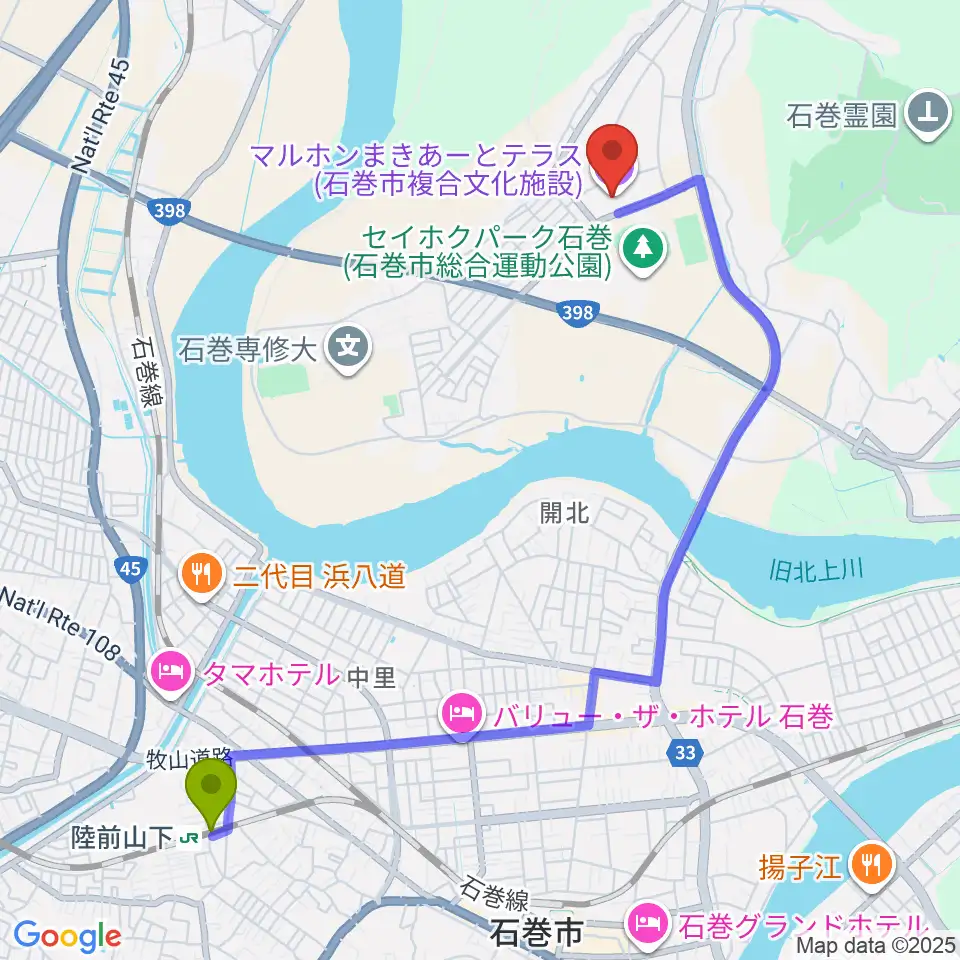 陸前山下駅からマルホンまきあーとテラスへのルートマップ地図