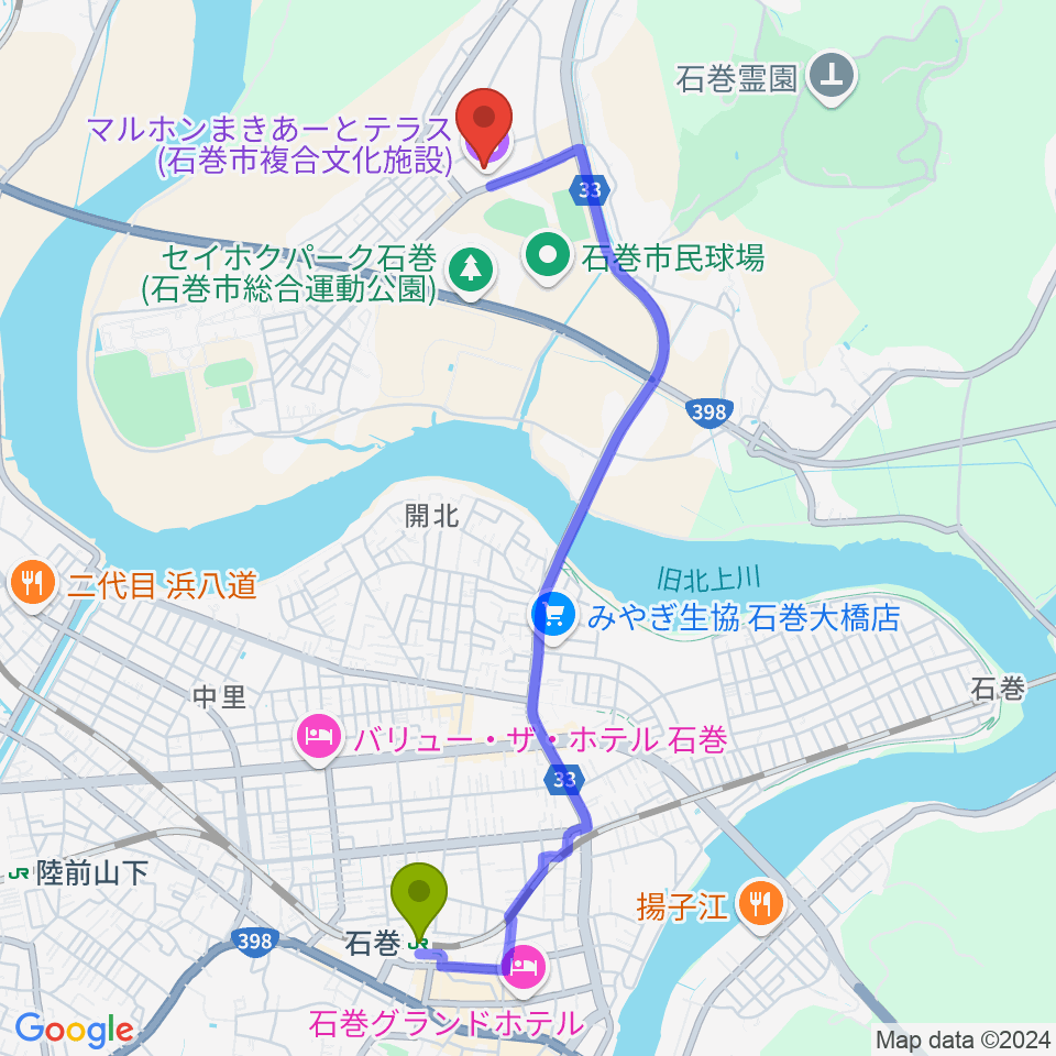 石巻駅からマルホンまきあーとテラスへのルートマップ地図