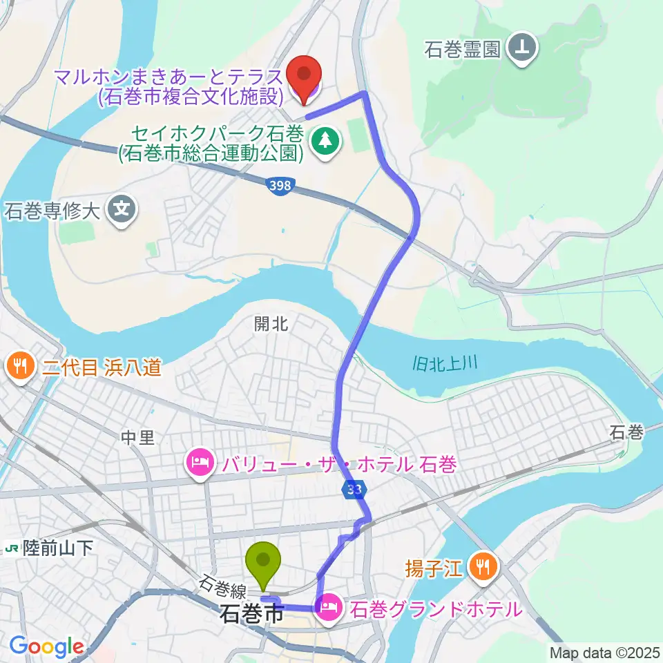 石巻駅からマルホンまきあーとテラスへのルートマップ地図
